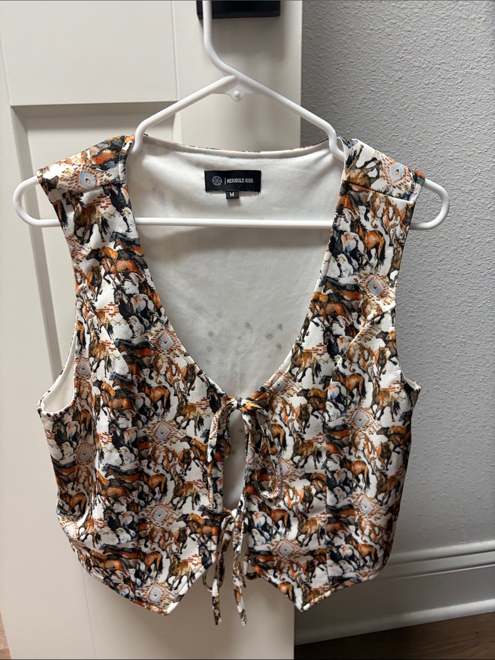 Mossimo Supply Co. White and Brown Horse-Print Tie-Front Camisole
